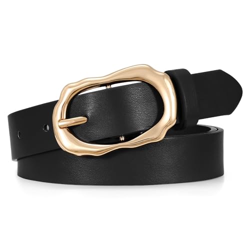 SANSTHS Womens Waist Belt with Unique Gold Irregular Buckle for Jeans Pants Dresses, Trendy Belt for Ladies, Black S