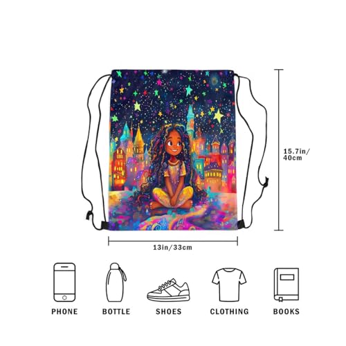 Image of jejeloiu Cute Black Drawstring Backpack 13x15.7inch Castle Star Print Waterproof Gym Drawstring Bags African American Sports String Backpack Beach Swim Travel Bag Sackpac