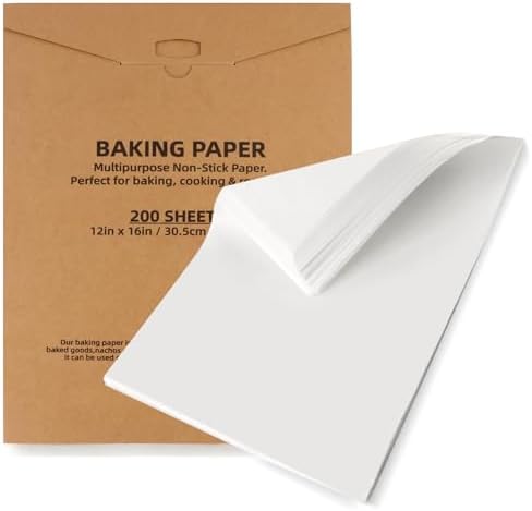Tikxlafe 200 Pcs Parchment Paper Baking Sheets, 12"x16" Precut Non-Stick Baking Parchment Paper Sheets Bun Sheet Pan Liners.Baking Grilling Air Fryer Steaming Bread Cup Cake Cookie (White-12"x16")