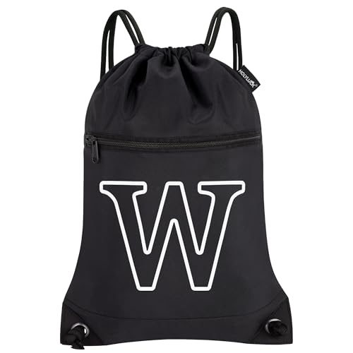 Image of HOLYLUCK Drawstring Bags Initial Backpack Sackpack Cinch Bags for Sports, Gym, Travel, Beach (Black-W)