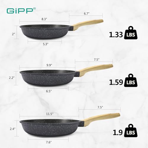 Image of GiPP Non Stick Frying Pan Set - 8 inch 9.5 inch 11 inch Granite Nonstick Skillets, Non Toxic, Omelette Pan with Stay Cool Handle, Induction Compatible, PFAS /PTFE /PFOA Free, Grey