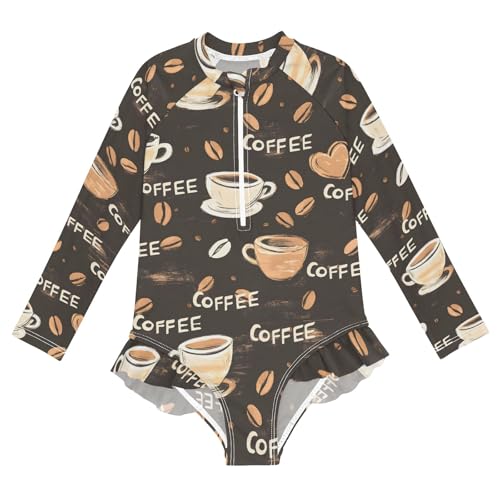 ALAZA Swimsuit for Girls Long Sleeve Rashguard Bathing Suit Coffee Time Quick Dry 4T