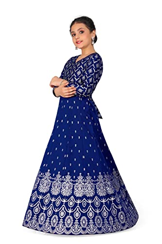 Image of Fashion Dream Girl's Dark Blue Taffeta Maxi Length Foil Printed Dress|Maxi Dress|Printed Dress(FDGDRS00038 DBL 40 Dark Blue 13 Years-14 Years)
