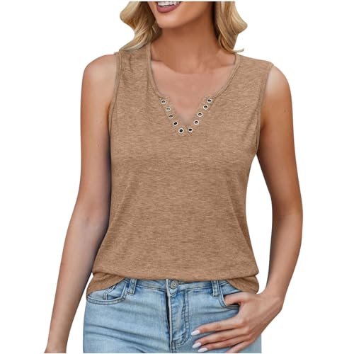 Lemoiitea Camiseta sin mangas para mujer, sexy, cuello en V, con tirantes, blusa sin mangas, informal, color liso, holgada, camiseta tipo túnica, camiseta de verano, caqui, XL