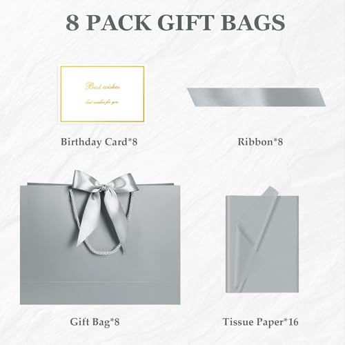 Image of JMANNI Gift Bags with Handles, 13 inch Medium Gift Bag for Presents, 8 Pcs Bags with 16 Tissue Paper and 8 Cards for Baby Shower Wedding Bridal Shower Mother's Day Birthday Party (silver