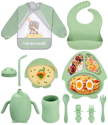 SinLaw Juego vajilla bebe de silicona,11 Piezas Vajilla de Silicona para Bebés Antideslizante, Plato Ventosa Dividido, Baby Weaning Self Feeding Cubiertos de Regalo (Verde)