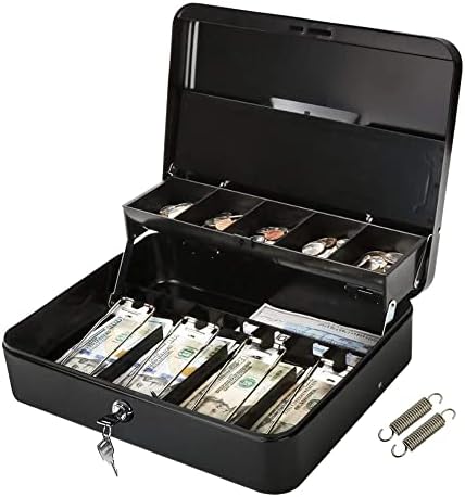 Large Cash Box Safe with Tiered Money Tray and Key Lock, 5 Storage Compartments and 4 Partitions with Spring Hinges to Organize Money - Heavy-Duty Metal Petty Cash, 11.8” x 9.5” x 3.5” (L x W x H)