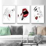 KEBIA Arte de la pared Pintura en lienzo Mujer sexy Vino tinto Uñas rojas Labio Carteles nórdicos e impresiones Imágenes de la pared para la decoración de la sala de estar 60x80cmx3 Sin marco