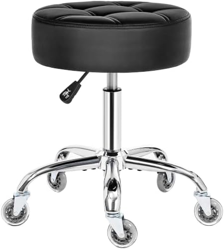 BEWISHOME Rollhocker mit Metallisch-Leise Rollen Höhenverstellbar Hocker | Bis 200 kg Rollhocker Hocker für hohe Belastungen, Schwarz 360° Drehhocker Hocker für Salon,Spa PU-Sitzpo
