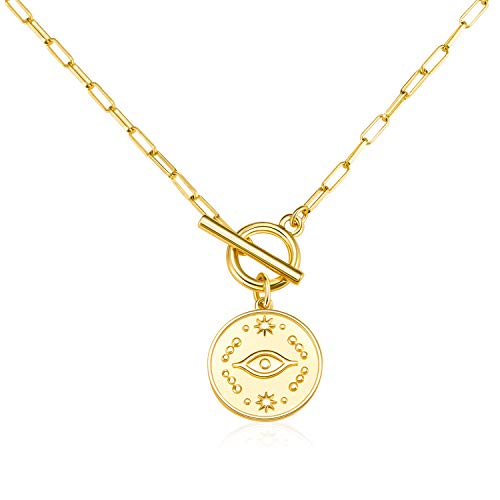 Gold Evil Eye Necklace for Women: 14K Gold Plated Coin Pendant Paperclip Chain Dainty Jewelry Girls Gifts