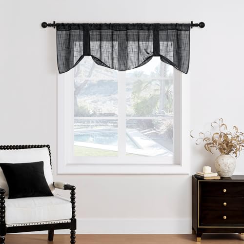 Home Queen Linen Look Tie Up Valance Curtain, Burlap Valences for Home Decoration, Length Adjustable Sheer Drape for Office and Bedroom, 4 Pieces, Black — view 6