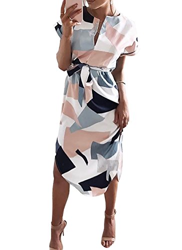 Yieune Sommerkleider Damen Kurzarm V-Ausschnitt Blumenmuster Maxikleider Abendkleid Lange Weiß Strandkleid (Weiß M) Cover