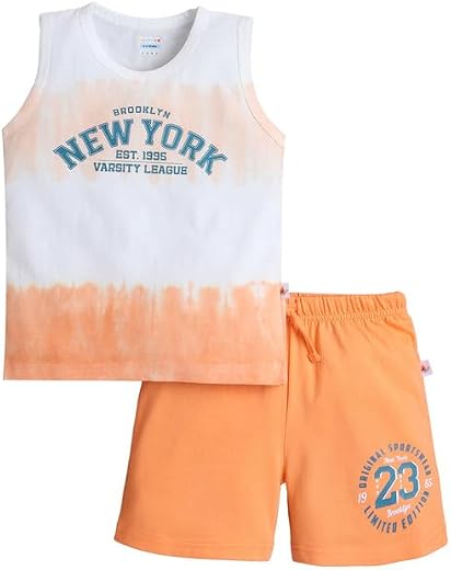 BUMZEE Boys Cotton Sleeveless Animal &amp; Graphic Print T-Shirt &amp; Short Set
