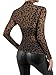 Remidoo Women's Mesh Sheer Top Long Sleeve Mock Neck Shirt Leopard Graphic Tees Fitted Blouse Brown Large