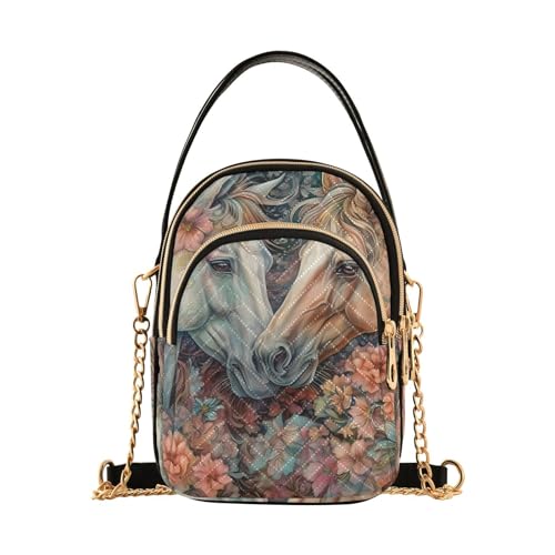 Two Horses Painting Women's Sling Bags, Fashion Crossbody Handbags Purse with Chain Strap Top handle 5.91×3.15×8.27 Inches