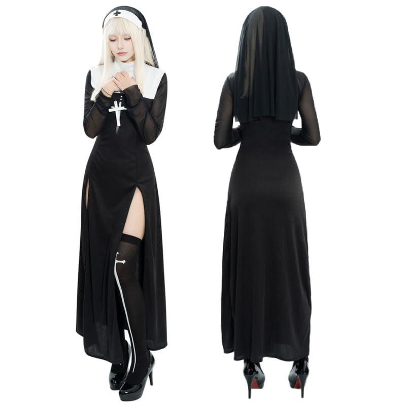LAEMILIA Halloween Costumes Adult Women Sexy Nun Outfit Religious Church High Slit Nun Dress Headpiece Gothic Medieval Fancy Dress UK Sizes 8-16 (S-XL)