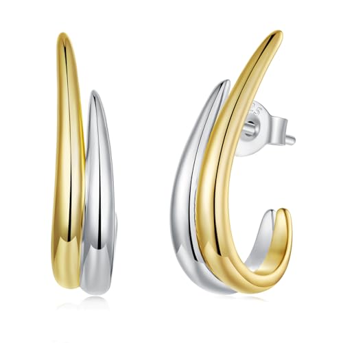 BISAER 14K Gold Plated 925 Sterling Silver Post Hypoallergenic Stud Earrings for Women Trendy, Minimalist Daily Wear lightweight Huggie Earrings Gifts (Edge-Two-Toned)