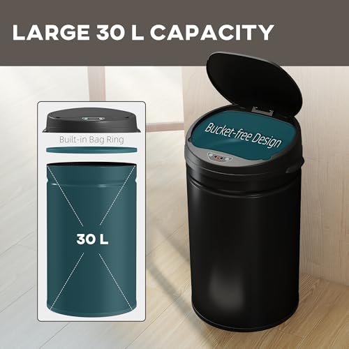 HOMCOM 30L Sensor Bin with Soft-Close Lid, Automatic Touchless Motion Sensor Trash Can with Fingerprint Resistant Stainless Steel for Hygienic Kitchen, Home Office Use, Black - Image 4