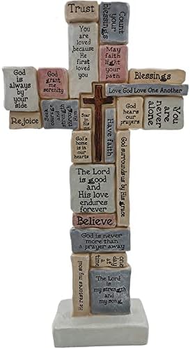 Jumiz Cross Sculpture with Christian Words and Sayings Crossword Table Inspirational Figurine Cross for Home Decor Christian gifts