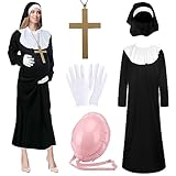Jiuguva 5 Pcs Pregnant Nun Costume Catholic Sister Robe Collar Veil Gloves Inflatable Tummy Cross Necklace Halloween Cosplay