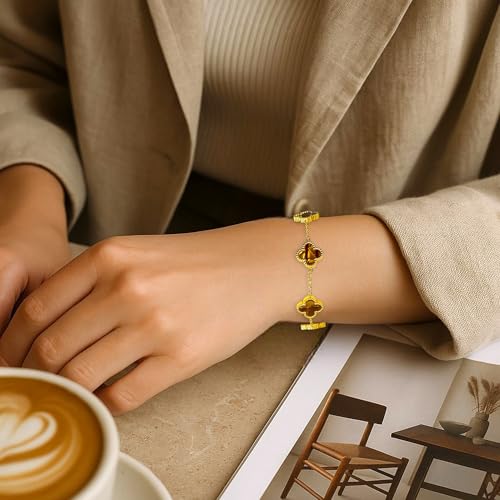 Four Leaf Clover Bracelet for Women – 18K Gold Plated 316L Stainless Steel, Double-Sided Mother of Pearl, Adjustable Lucky Charm Link Bracelet, Elegant Jewelry Gift for Her, Comes with gift Box.4
