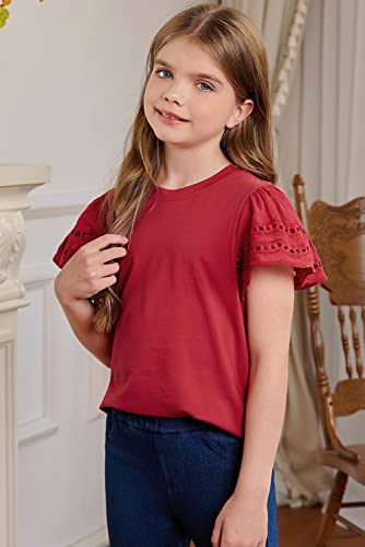 Image of blibean Girls Summer Short Sleeve Shirts Cotton Tops Size 4-15 Years Old | Kids Fashion Causal Solid Color Tee, Cute Ruffle Crewneck Basic Blouse, Flowy Clothes for Tween Teen Girl, Soft Breathable
