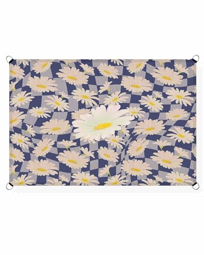 Boanket Sun Shade Sail 12' x 16', Spring Floral Sun Blocking Shades Privacy Outdoor Covering, Summer Daisy Botanical Rustic Blue Checkered Shade Cloth for Patio Deck Garden Lawns Beach Backyard