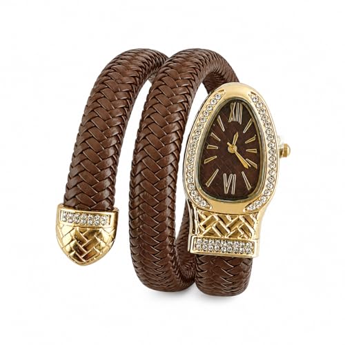 Image of Snake Wrap Watch for Women | Gold Plated Stainless Steel Bracelet Watch | Brown Leather Strap | Quartz Analog | Crystal Accent Dial