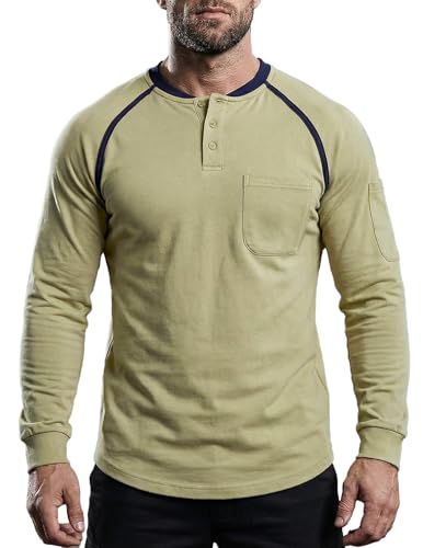 Image of FR Henley Shirts for Men 5.5oz Lightweight Flame Resistant NFPA 2112 Work Shirt Dual Pockets Long Sleeve Welding Tops Black XL