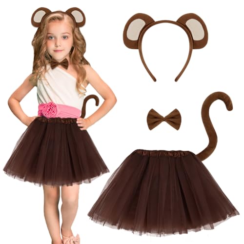 AOOWU Traje de Mono, 4 PCS Juego de Disfraz de Cola Mono Largo con Cola, Pajarita, Diadema y Falda de Ballet, Disfraz de Mono Niño para Cumpleaños Carnaval Halloween Cosplay Fiesta y Jungle Party