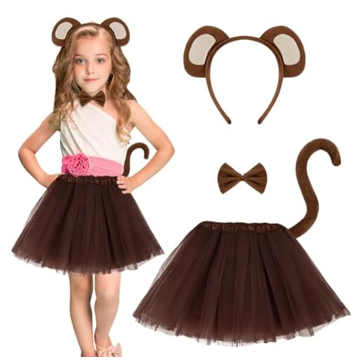 AOOWU Traje de Mono, 4 PCS Juego de Disfraz de Cola Mono Largo con Cola, Pajarita, Diadema y Falda de Ballet, Disfraz de Mono Niño para Cumpleaños Carnaval Halloween Cosplay Fiesta y Jungle Party