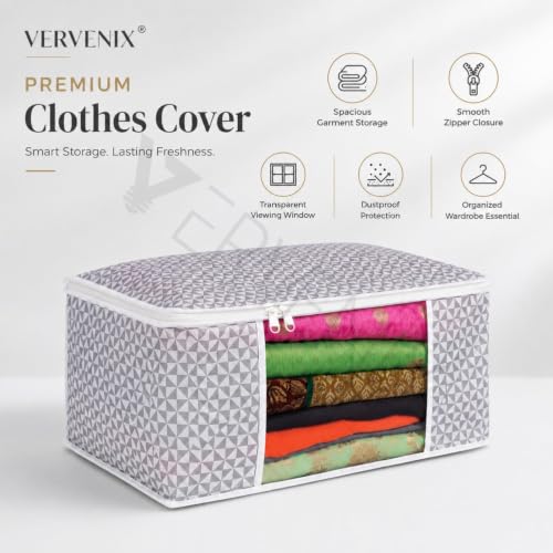 Image of VERVENIX Saree Cover Pack of 6,Large Size, Grey Dot Pattern Garment Storage Bags with Zipper & Transparent Window, Dustproof Clothes Cover for Suits, Dresses, Coats & Shirts,46.3 x 36 x 22.5 CM