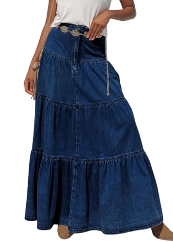 CHARTOU Women High Waist Tiered Denim Maxi Skirt Western Ruffle Patchwork Y2k A Line Long Jean Skirt Pockets