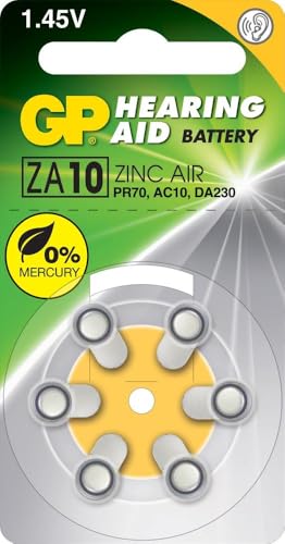 GP Zinc Air Hearing Aid Batteries | ZA10 (PR70) Yellow, 1.4V, 75mAh, 3.6x5.8mmØ, 6pcs/pack.