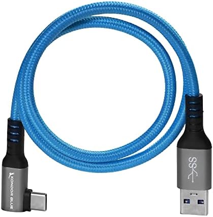 KONDOR BLUE | USB-A to USB-C 3.0 Right Angle High Speed Data and Charging Cable 3A 60W 5G | 2FT Ultra-Durable, & Nylon Braided with Reinforced Metal Connectors | Blue