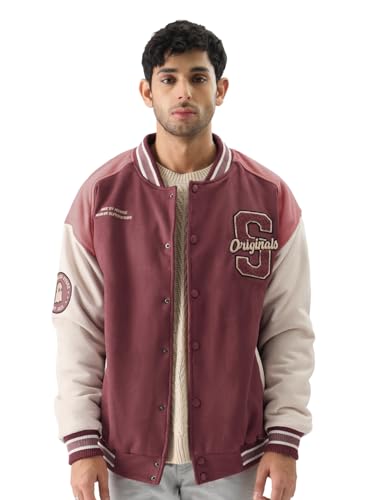 Image of The Souled Store Pink Men and Boys Long Sleeve Button Front Oversized Fit Printed Varsity Jackets