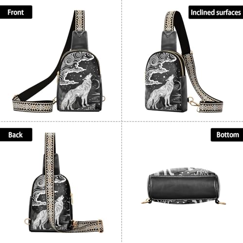Leather Printed Sling Bag for Men Women Black Wolf Moon Durable PU Leather Waterproof Crossbody Bag for Travel, Adjustable Jacquard Straps and Personalized Prints3