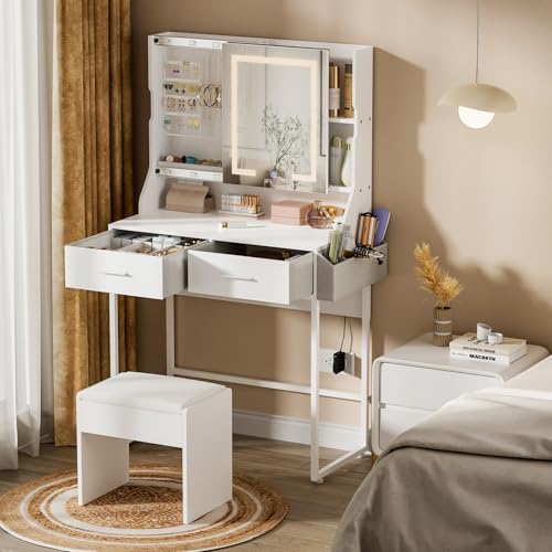 Uiithokyia White Vanity Desk, Makeup Vanity Table with Mirror LED Lights, Vanitys for Jewelry Organizer, 2 Storage Drawers, and Side Pockets Hair Tools Storage, Bedroom Vanity Table for Women, Girls