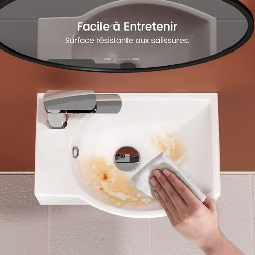 EMKE Hänge-Waschbecken 405 x 280 x 140 mm – Kompaktes und elegantes Waschbecken für kleine Badezimmer und Gäste-WC – Wasserhahn links, Wandmontage, weiß glänzend
