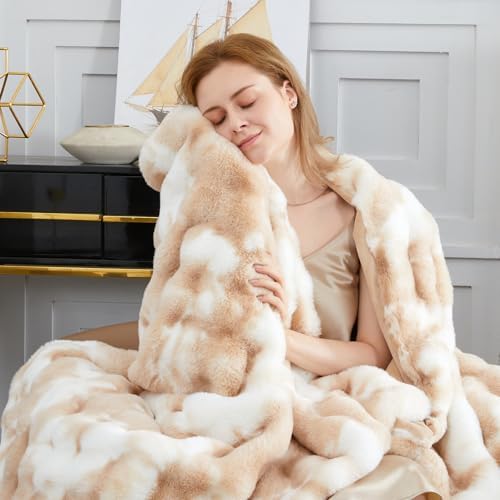 SAPHREAS Kuscheldecke Flauschige 150x200, Furry Bubble Kunstpelz Decke Oeko-Tex Zertifiziert Dicke & Warme Sofadecke für Bett Couch Schlafzimmer Deko Plüschdecke Tie-Dye Khaki