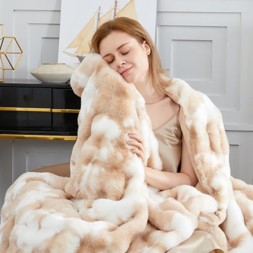 SAPHREAS Kuscheldecke Flauschige 150x200 Furry Bubble Kunstpelz Decke Oeko-Tex Zertifiziert Dicke & Warme Sofadecke für Bett Couch Schlafzimmer Deko Plüschdecke Tie-Dye Khaki
