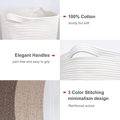 Image of Cotton Rope Blanket Basket, 72L Laundry Hamper, White & Ombre Brown | 16 inchx 22 inch, Large Collapsible Woven Nursery Hamper with Sturdy Handles for Clothes Toys Towels, Bedroom Living Room Bathroom