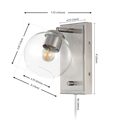 Image of JONATHAN Y 6 inch Nickel 1-Light with Clear Globe Modern Wall Sconce, Plug-in or Hardwired LED Adjustable Wall Light with Dimmer Switch, Clear Glass Globe Shade, Mid-Century Lamp (JYL7567B)