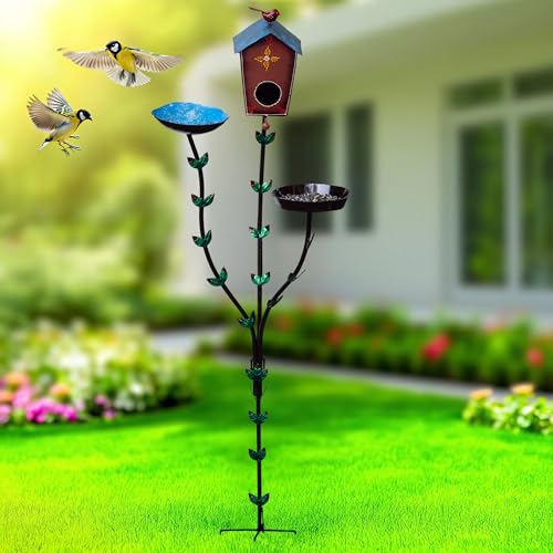Image of 5ft Tall Large Iron Bird Feeder Stand with Bird Nest & Water Bowl, Decorative Outdoor Garden Lawn Bird House Feeding Station for Sparrows