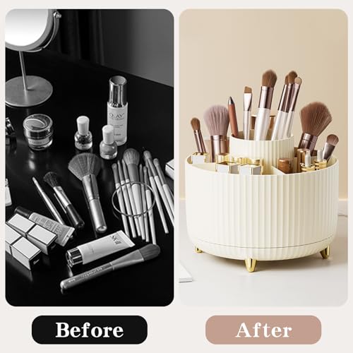 Image of fanado 360 Rotate Makeup Brush Holder Organizer, Makeup Organizers Countertop, Makeup organization and Skincare Storage for Vanity, Desktop, Bathroom (Ivory)
