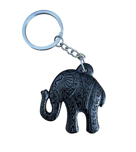 WOO MANTO Porte-clés éléphant en résine - Éléphant porte-bonheur noir avec ornements indiens - 4,7 x 4,5 cm