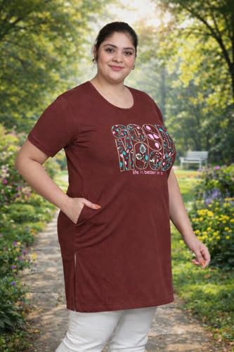 Image of RYSH Women's Printed Cotton Plus Size Longline T-Shirt with Pockets | Cotton fabric - soft longline T-shirt with easy plus-size fit