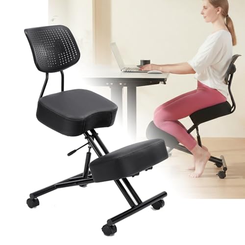 Image of Kneeling Chairs with Backrest PU Leather Ergonomic Home Office Chair Adjustable Height Seat Rolling Wheels Comfort Thick Cushion Work Stool Improve Posture Chair