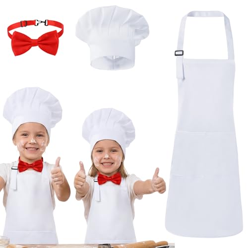 XLSXEXCL Kids Chef Apron and Hat, Adjustable Kitchen Cooking Apron with Pockets and Bow Tie Baker Chef Costume for Girls Boys