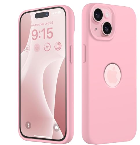 Image of VONZEE Microfiber Logo Cut Cover Compatible for iPhone 13 Case Cushion Liquid Soft Silicone Gel Rubber Phone Cases Non-Slip Full Body Protective Shockproof Back Cover 6.1 inch, Pink